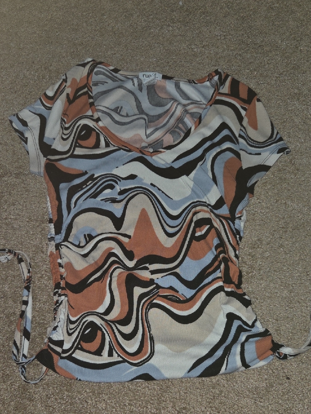 Rue21 Short Sleeve Swirl Ruched Side Top — Blue, Tan, Black, White